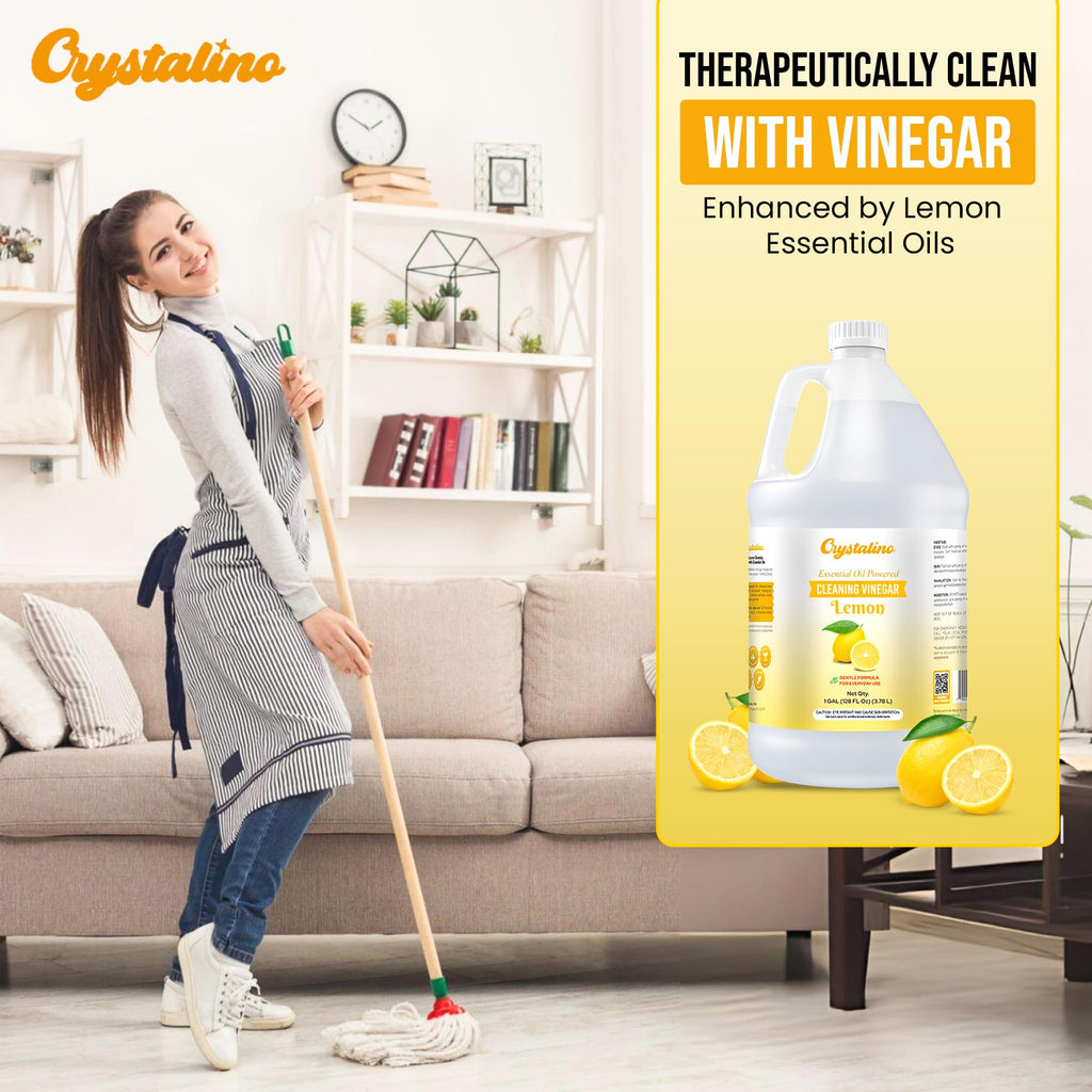 Crystalino Lemon Essential Oil Cleaning Vinegar (1 Gallon) 6% Non-Toxic Distilled White, Vinegar for Cleaning Purpose, Vinagre Blanco, Vinger (128 Fl Oz (Pack of 1), Lemon)