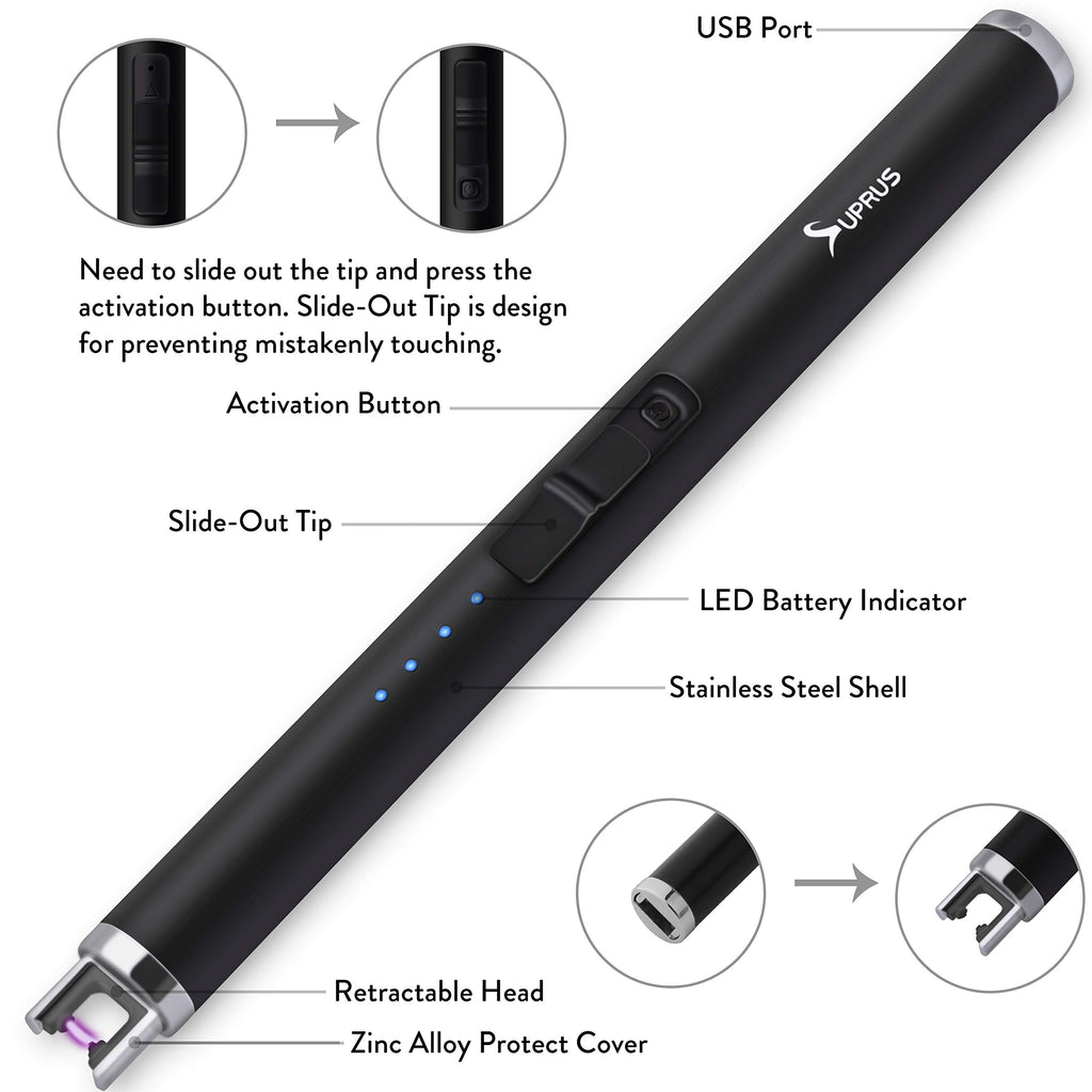 SUPRUS Candle Electric USB Lighter Safety Switch Rechargeable Flameless Plasma Windproof Pocket Size (Black&Black&Black)