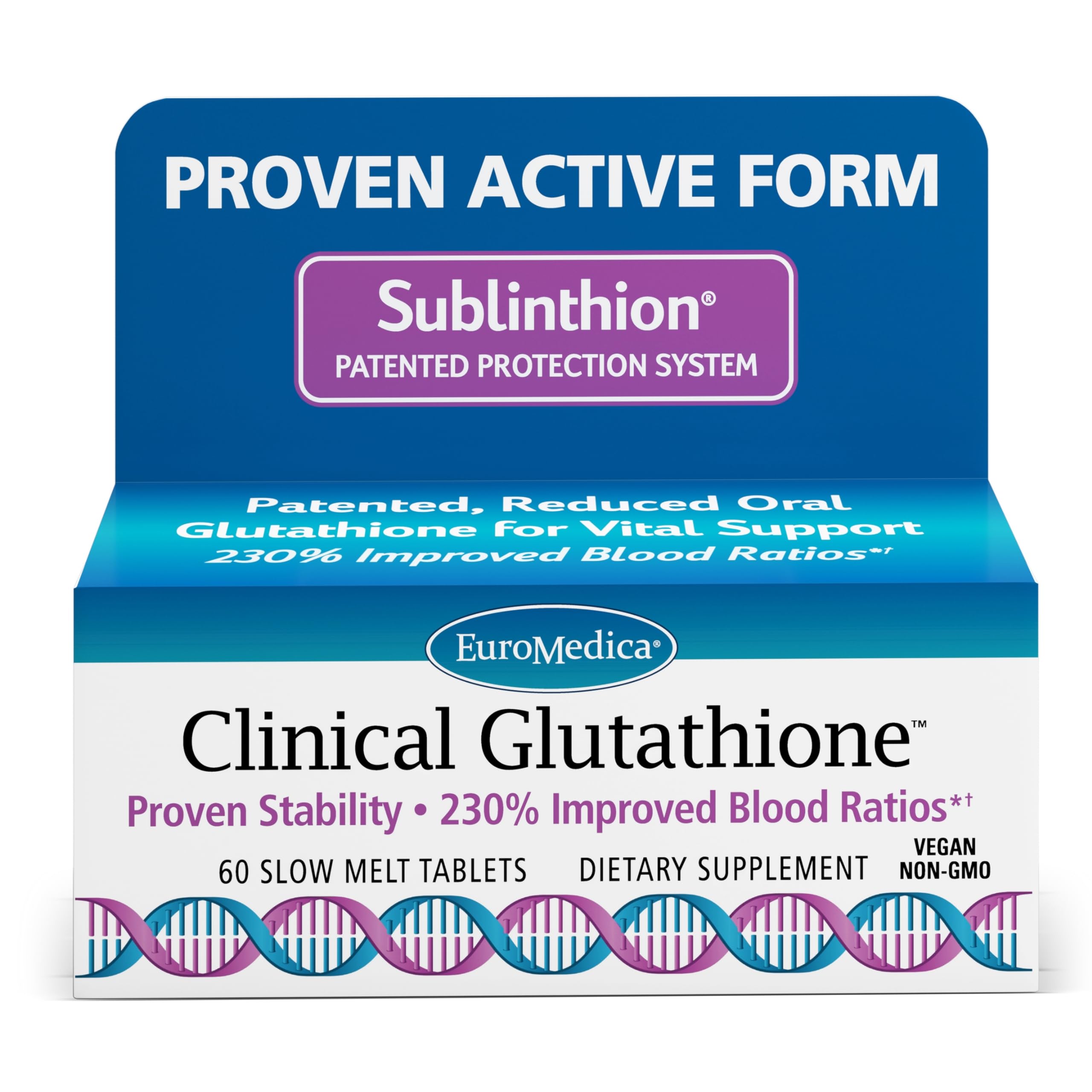 EuroMedica Clinical Glutathione - Antioxidant Supplement for High Absorption - Dietary Supplement with L-Glutathione - Vegan Supplement to Support Cell Health - 60 Slow Melt Tablets