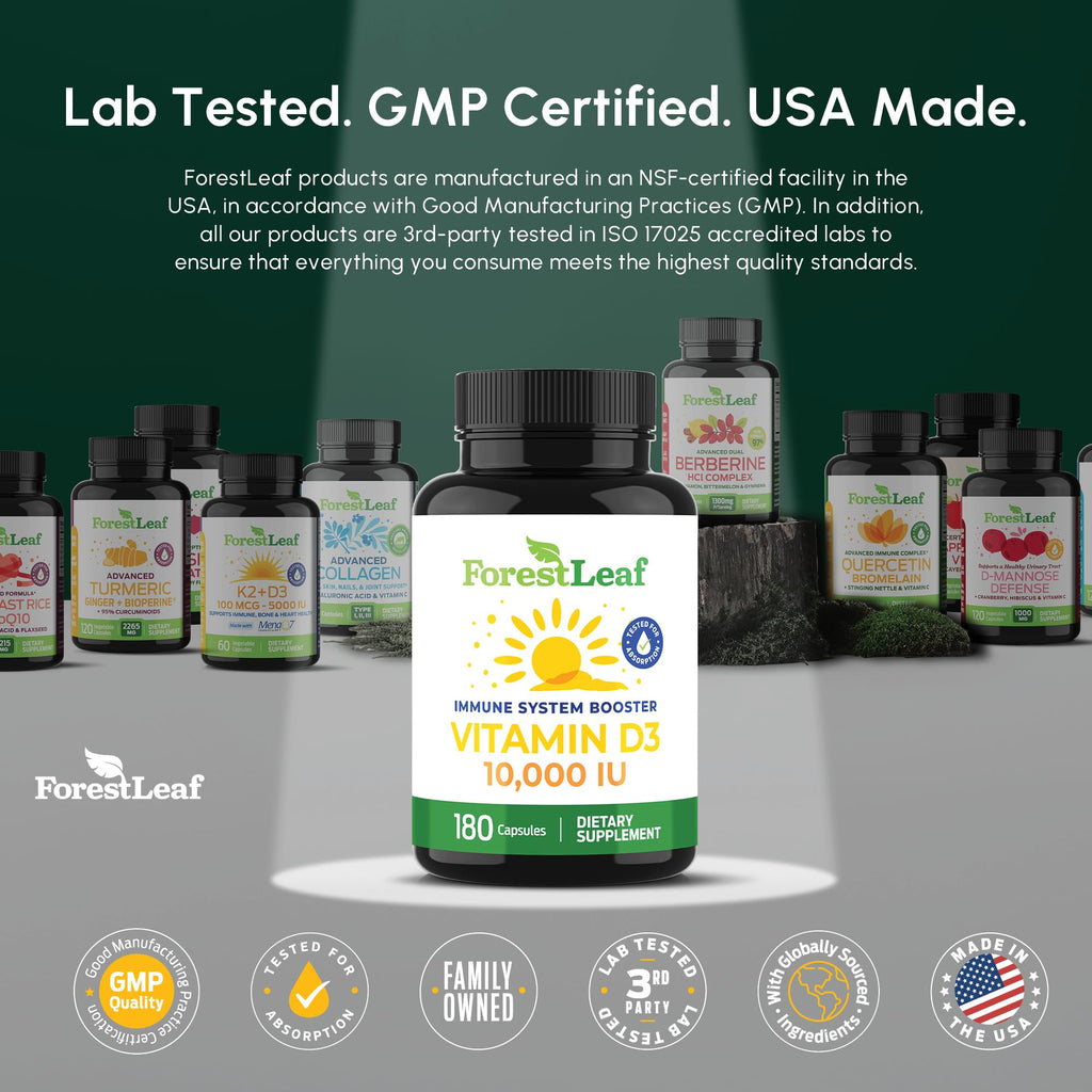 ForestLeaf Vitamin D3 10,000 IU | VIT D - VIT D3 Vitamin D Supplements for Women and Men | Bone Health, Teeth and Immune Support | Easy to Swallow Pills | High Potency Daily, 6-Month Supply, 180 Caps
