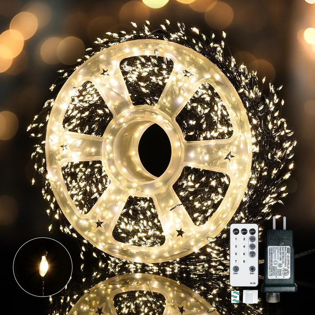 Dailyart Fairy Lights Plug in, 3000 Led Cluster Lights with Timer 195Ft Waterproof Warm Twinkle String Light with Remote for Bedroom Wreath Garland Window Wedding Christmas Tree Decoration,Black Wire