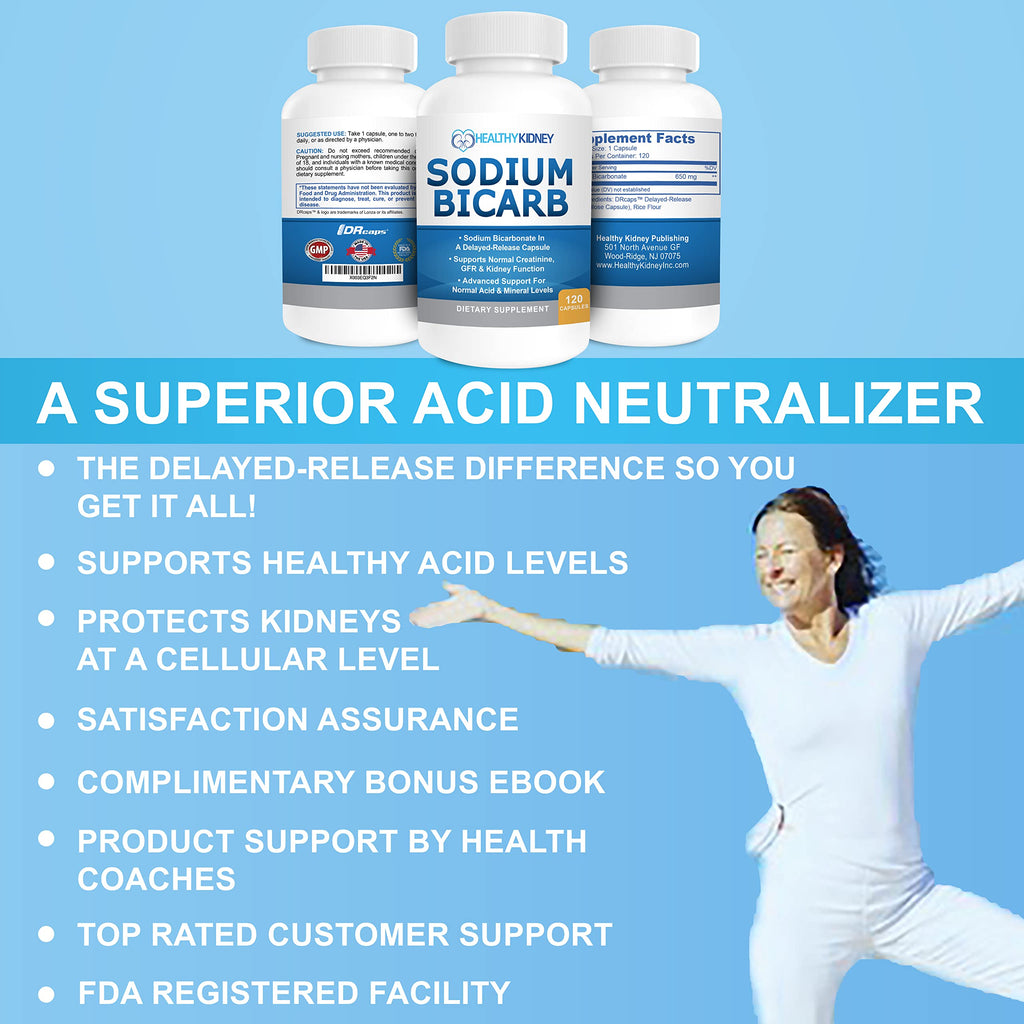 Sodium Bicarbonate 650mg Capsules Delayed Release for Supporting Normal Kidney Function & Kidney Health Supplement. Sodium Bicarbonate Designed for Kidney Support, Acid Relief, Alkalinity 120 Pills