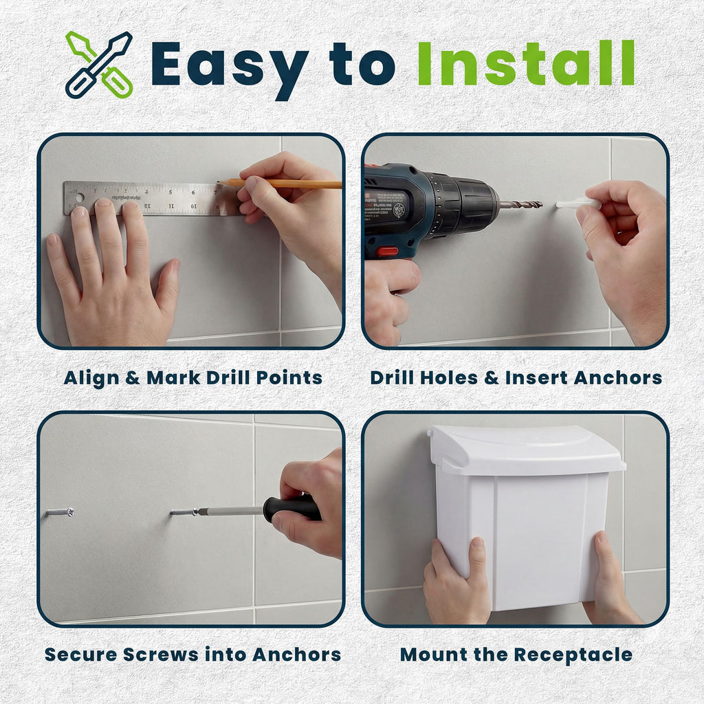 Alpine Sanitary Napkin Receptacle - Feminine Hygiene Disposal Container, Wall Mounted Trash Can with Odor Control Seal & Installation Hardware (White)