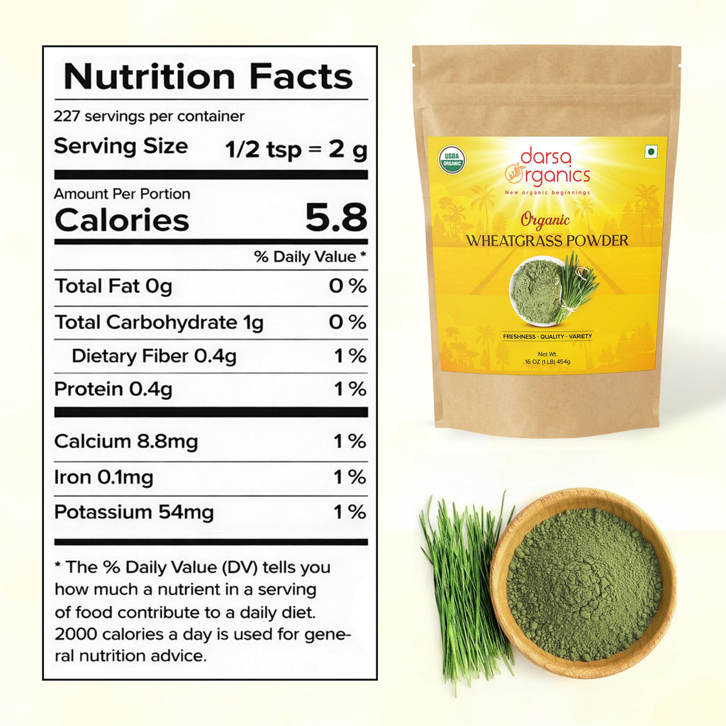 Darsa Organics Wheatgrass Powder 1 lb - Premium USDA Organic Wheat Grass, Fine-Milled Green Powder for Smooth Mixing - Non-GMO, Vegan, and Gluten-Free, Fresh-Sealed Resealable Pouch