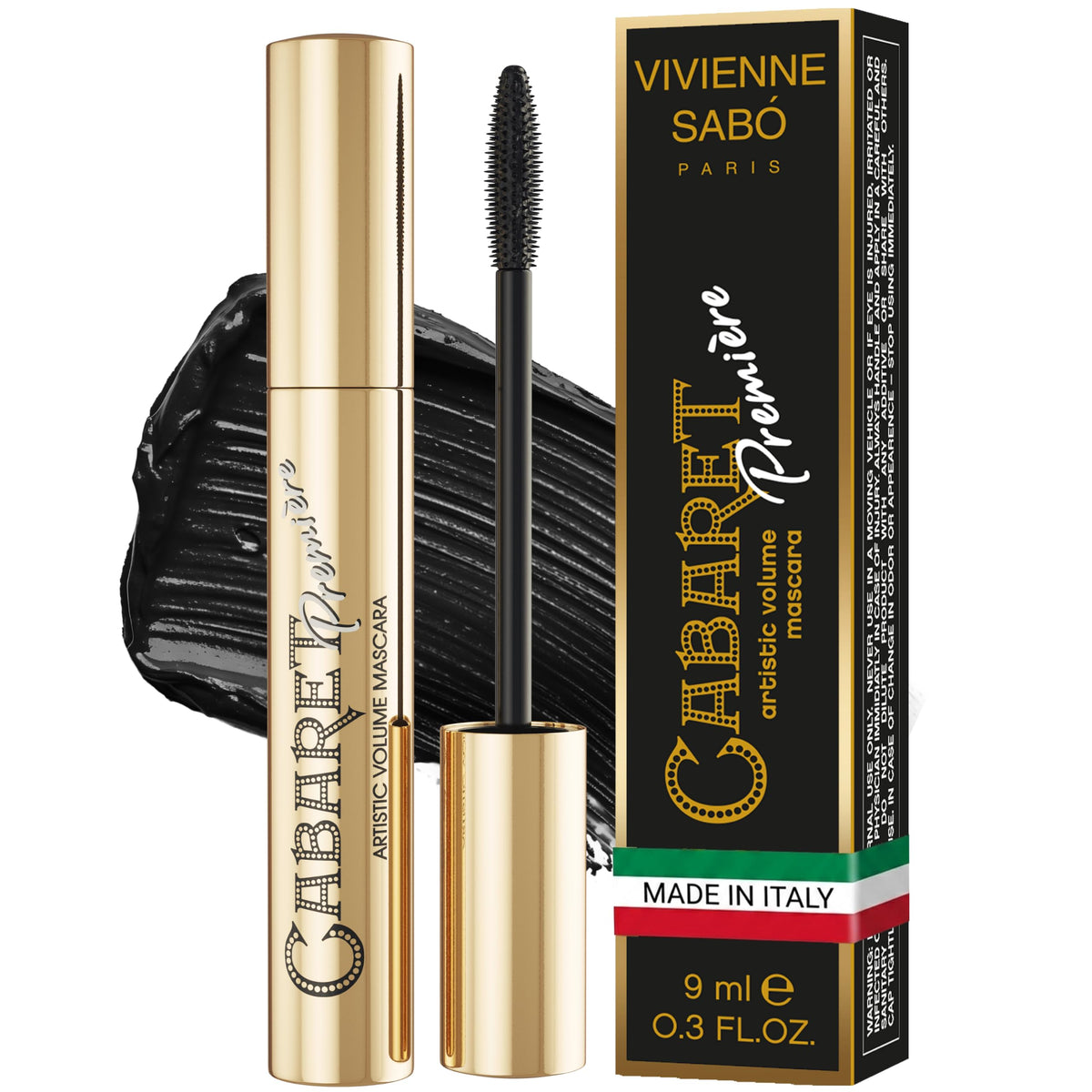 Vivienne Sabó Cabaret Premiere Black Mascara, Volume and Length, Defining, Curling, No Flaking, No Clumping, Smudge Proof, Washable, Cruelty-Free, Made in Europe, (01 Black), 0.3 Fl Oz, 1 Pack