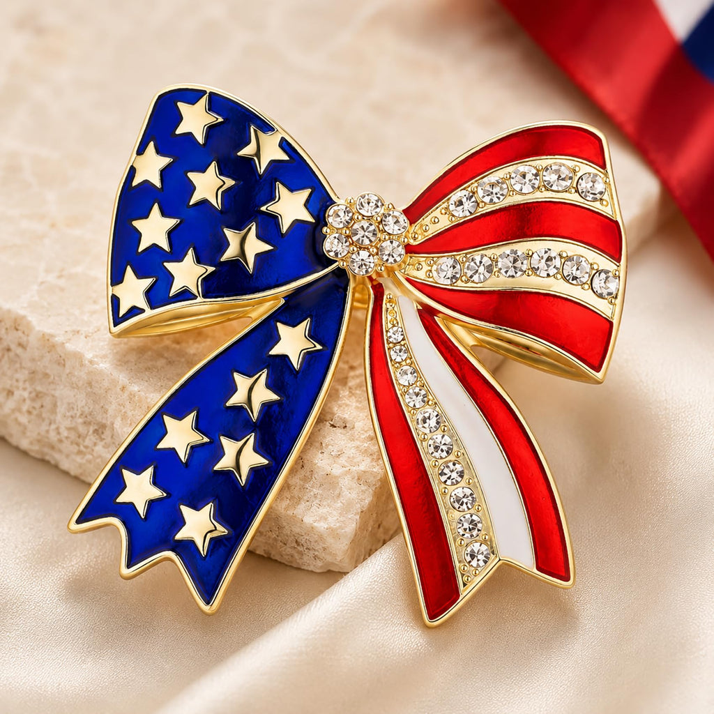 4th of July Pins, American Flag Enamel Pins, Gold Bow Brooches for Women