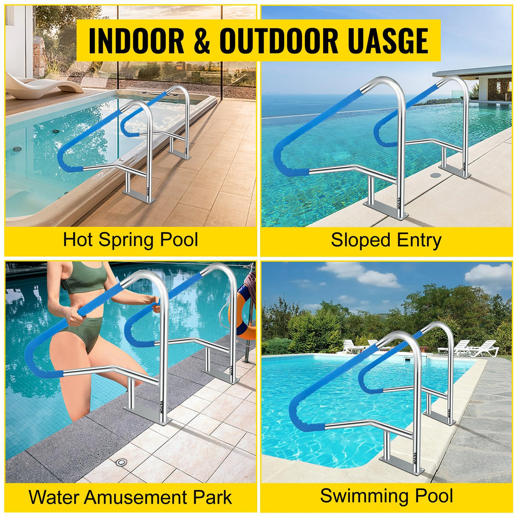 VEVOR Pool Rail 55x32 Pool Railing 304 Stainless Steel 250LBS Load Capacity Silver Rustproof Pool Handrail Humanized Swimming Pool Handrail with Blue Grip Cover & M8 Drill Bit & Self-Taping Screws