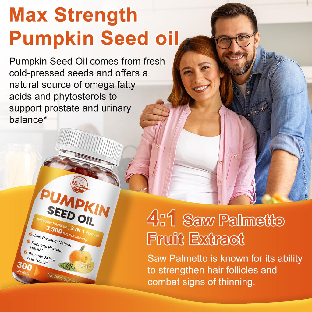 Pumpkin Seed Oil with Saw Palmetto, 3500mg Max Strength per Serving, 300 Softgels, Cold-Pressed with Essential Fatty Acids & Phytosterols, Supports Immune, Hair, Bladder & Prostate Health