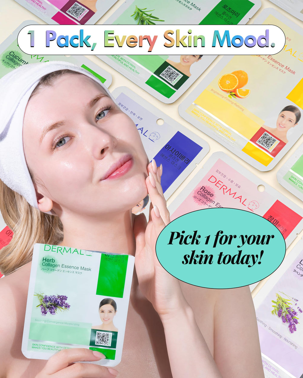 DERMAL 26 Combo Pack Collagen Essence Korean Face Mask (Red & Green) - Hydrating & Soothing Facial Mask with Panthenol - Hypoallergenic Sheet Mask for All Skin Types - Natural Home Spa Treatment Mask