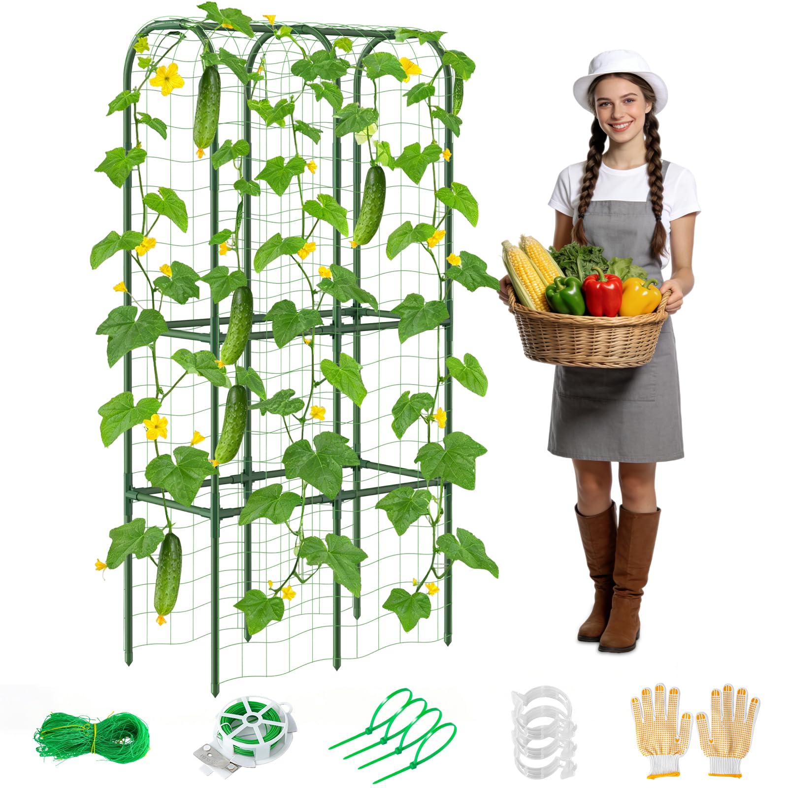 62in Tall Cucumber Trellis for Raised Bed, 34" L x 62" H Metal Garden Trellis for Climbing Plants Outdoor, U-Shape Vegetables Trellis Support for Squash Zucchini Peas Grape