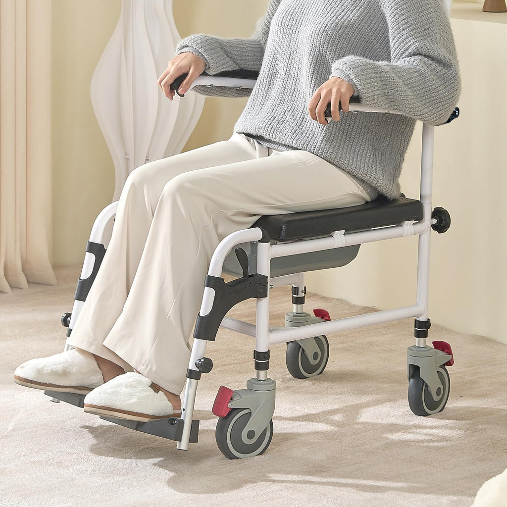 VEVOR Shower Commode Wheelchair with 4 Lockable Wheels, Footrests, Flip-up Arms, 3-Level Adjustable Height, 5L Removable Bucket, 350 LBS Capacity, Commode Chair for Adults Seniors
