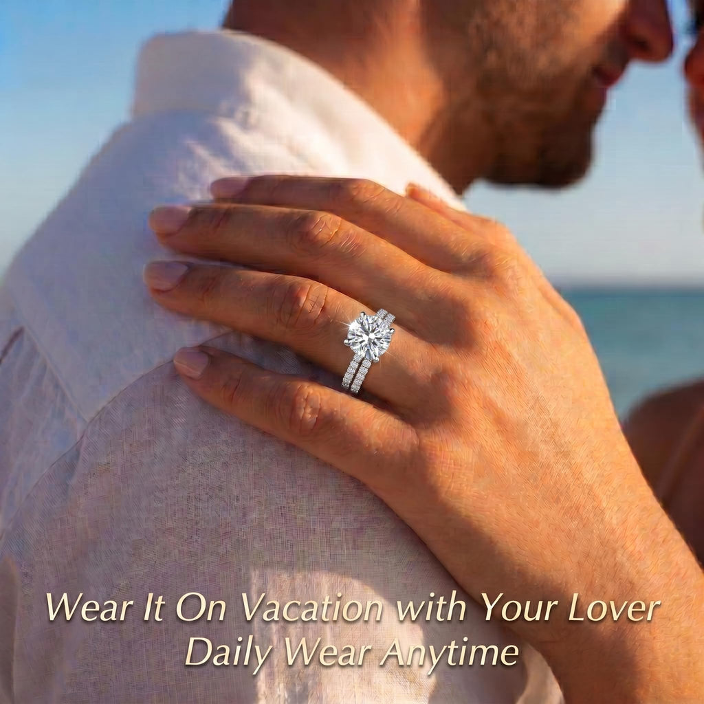 Engagement Rings For Women Wedding Rings Fake Engagement Ring Set Travel 18K White Gold Plated Promise Rings For Her 3 Carat 3CT Round Cubic Zirconia CZ Bridal Ring Sets Cheap Band 2pcs, Size 7.5