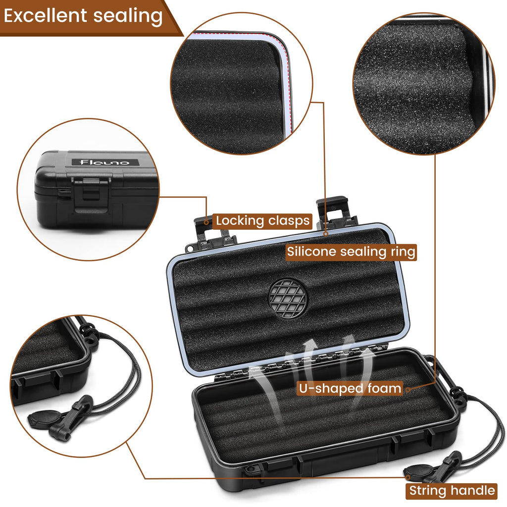 Flauno Travel Cigar Humidor Case - Portable Humidor Kit with Lighter (Without Gas), Cutter, Holder, Humidifier & Dropper, Waterproof, Crushproof, Airtight Seal (Holds up to 5 Cigars)