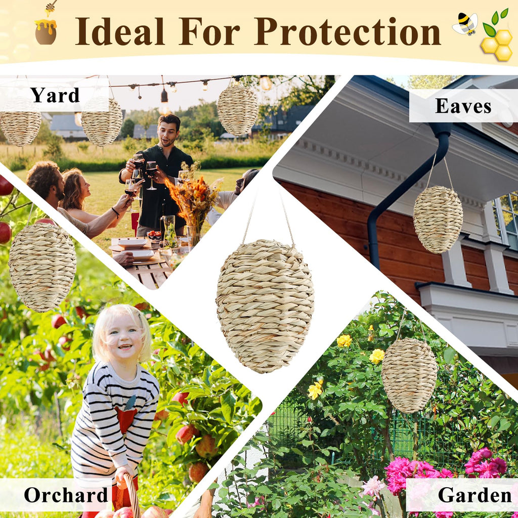 4 Pack Wasp Nest Decoy, Woven Reed Fake Wasp Nest for Outdoor Decor