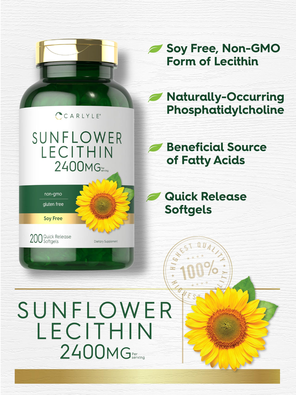 Carlyle Sunflower Lecithin Softgel Capsules | 2400mg | 200 Pills | Rich in Phosphatidyl Choline | Non-GMO, Soy Free, Gluten Free Supplement
