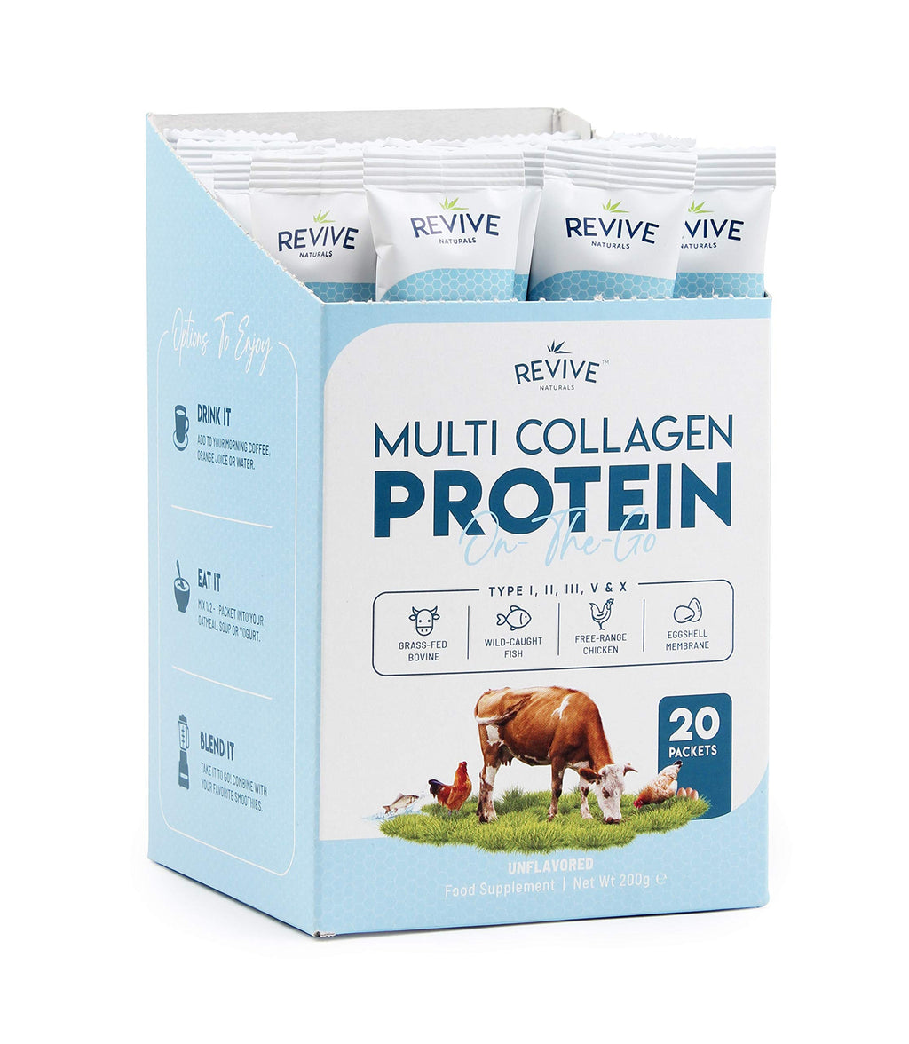 Multi Collagen Protein Powder Packets - Types I, II, III, V & X - Hydrolyzed Grass Fed Bovine, Wild Caught Fish, & Free-Range Chicken & Eggshell Collagen. Non-GMO, Halal, (10g Each, 20 Packets)