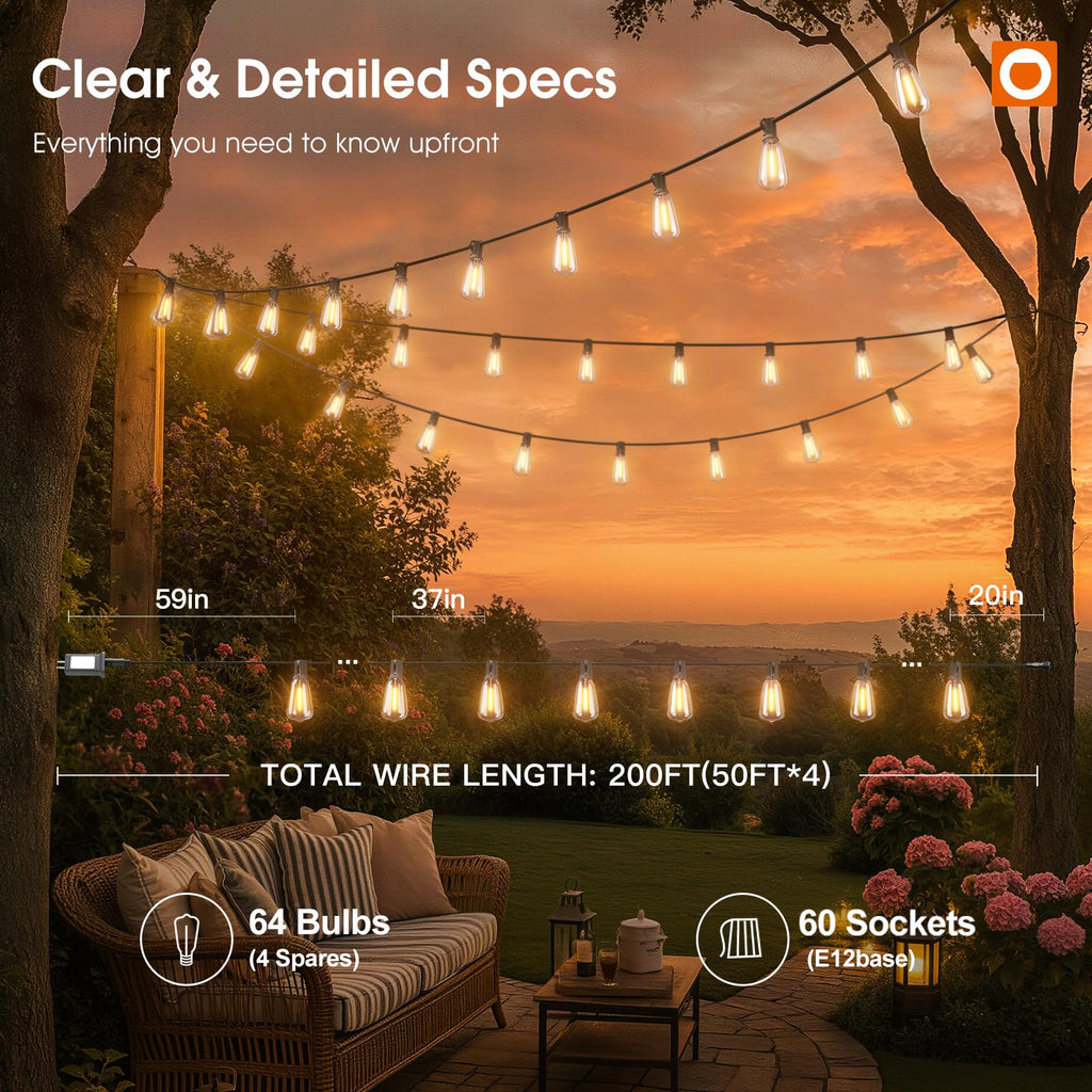 addlon 198FT Outdoor String Lights for Outside with Remote Waterproof Patio Lights with Plastic ST38 LED Edison Bulbs Outdoor Lighting Extra Long for Backyard Bistro Porch Garden Pergola Party Decor