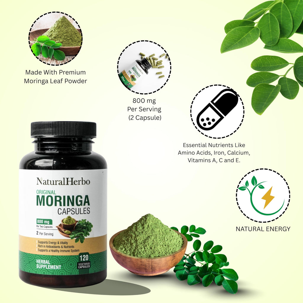 NaturalHerbo Pure Moringa Capsules - Pure Moringa Leaf Extract for Natural Energy, Digestion & Daily Wellness | Green Superfood Supplement | Vegan, Non-GMO, Gluten-Free | 120 Capsules (800mg)
