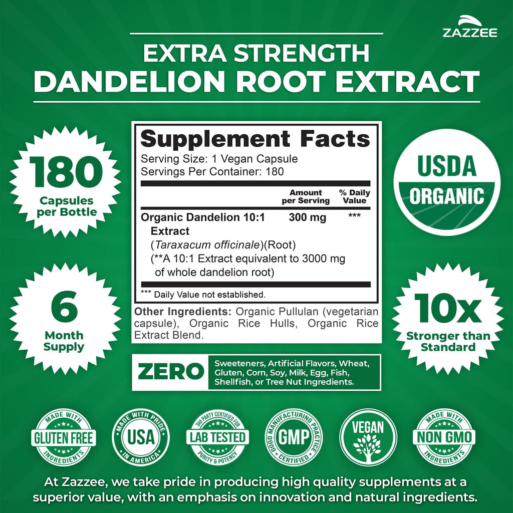 Zazzee USDA Organic Dandelion Root 10:1 Extract, 180 Capsules, 6 Month Supply, Liver & Detox Support, Taraxacum Officinale, Organic Herbal Supplement, All-Natural, Non-GMO, Made in the USA