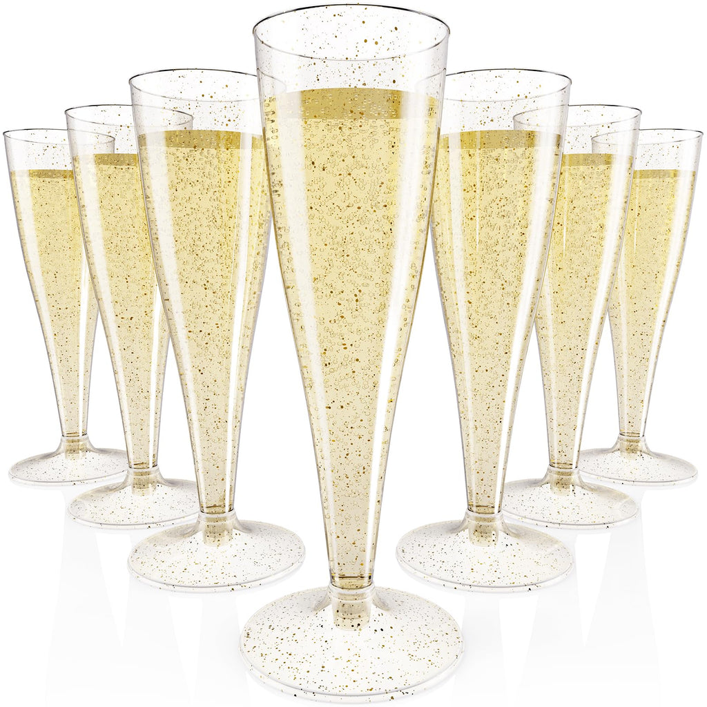 JOLLY CHEF Plastic Champagne Flutes 4.5 oz 100 Pack Gold Glitter Glasses