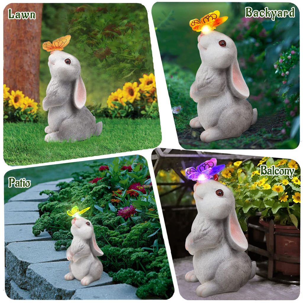 Garden Statue Outdoor Decor Rabbit with Solar Butterfly Changing Lights