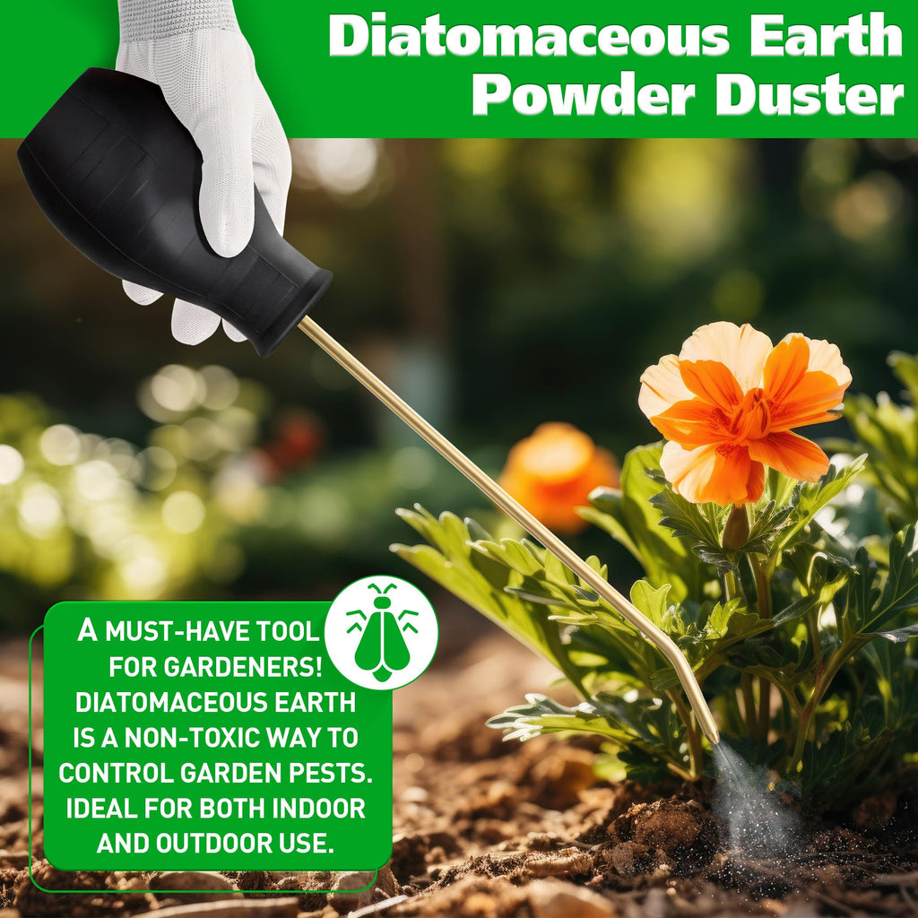 Diatomaceous Earth Powder Duster, 8OZ Garden Powder Applicator Dispenser with Long Metal Tube, Bulb Duster Sprayer for Home Organic Gardening Agricultural Supply (Black,1 Pack)
