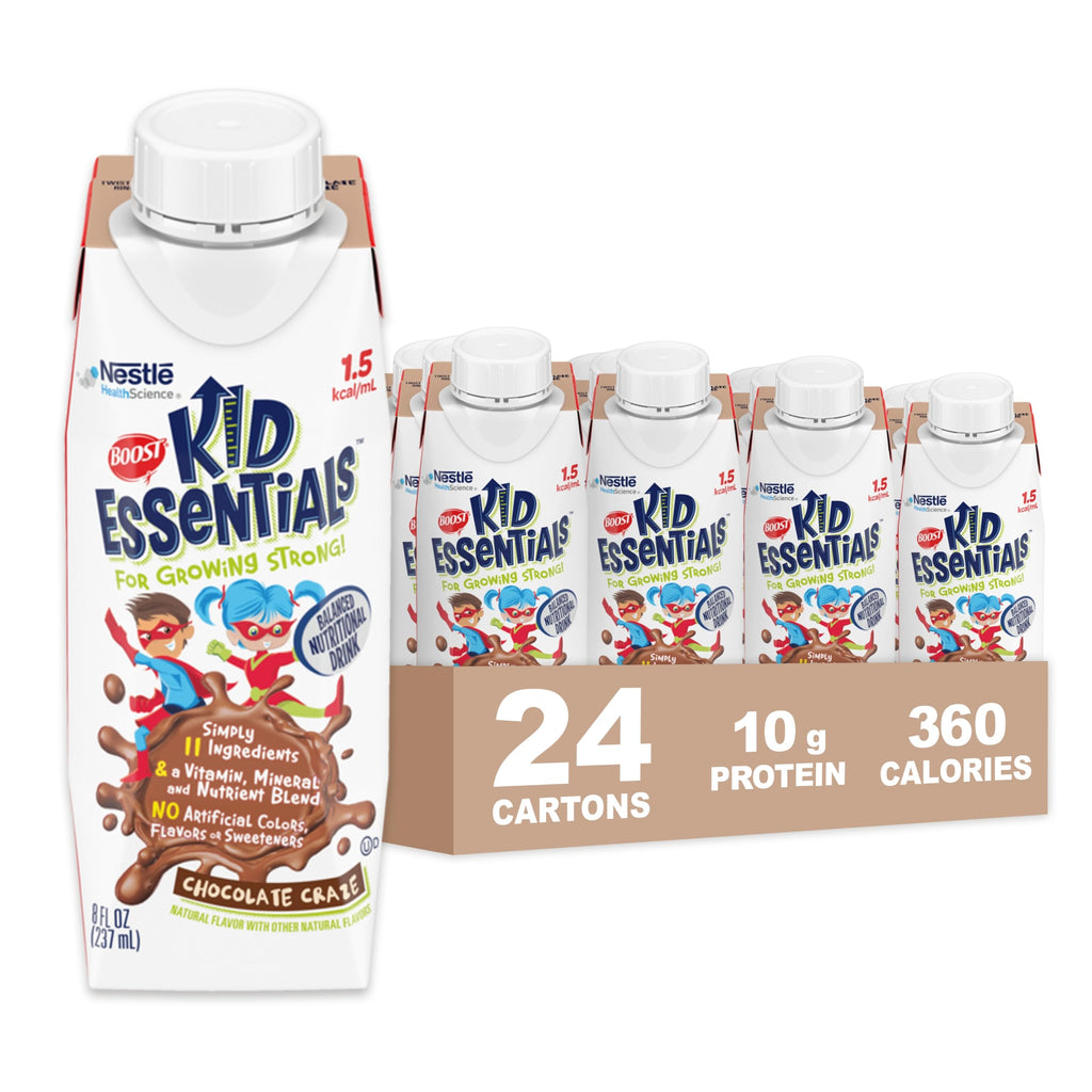 BOOST KID ESSENTIALS (1.5 kcal/mL) Chocolate Craze Nutritional Drink, 10g Protein, Vitamin C, D , B12, and Zinc, 8 Fl Oz (Pack of 24)