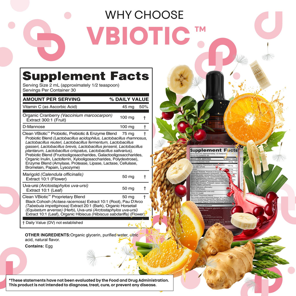 Clean Nutraceuticals VBiotic Vaginal Probiotic for Women Liquid Drops | Cranberry Uva Ursi Horsetail D-Mannose Prebiotics Marigold & Black Cohosh Vaginal Health Supplement | pH Balance