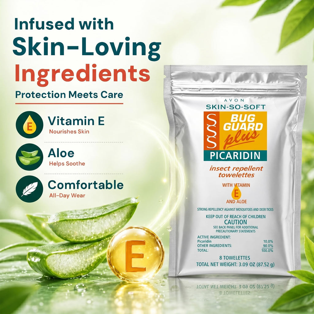 AVON Skin So Soft Bug Guard Plus Picaridin Insect Repellent Towelettes – DEET-Free Mosquito Repellent Wipes with Vitamin E & Aloe, Mosquito & Tick Protection, Individually Wrapped,16 CT EPA ID: 806-30