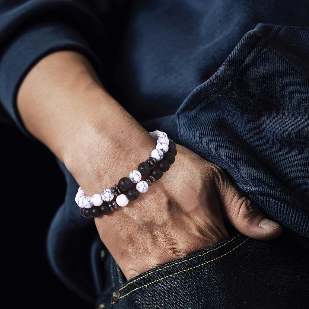 Giovanchi 12PCS Bracelets for Men 8MM Lava Rock Black Obsidian Howlite Tiger Eye Beaded Natural Stone Bracelet Jewelry Gifts for Birthday Christmas