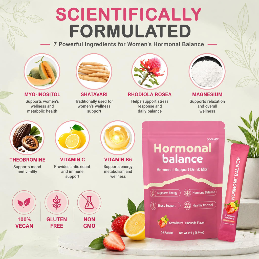 Hormone Balance for Women, Myo-Inositol Drink Mix with Magnesium, Rhodiola Rosea, Vitamin C, Cortisol Support Supplement, Vegan Sugar-Free Non-GMO, PMS Comfort, Menopause Wellness & Mood Balance 30psc