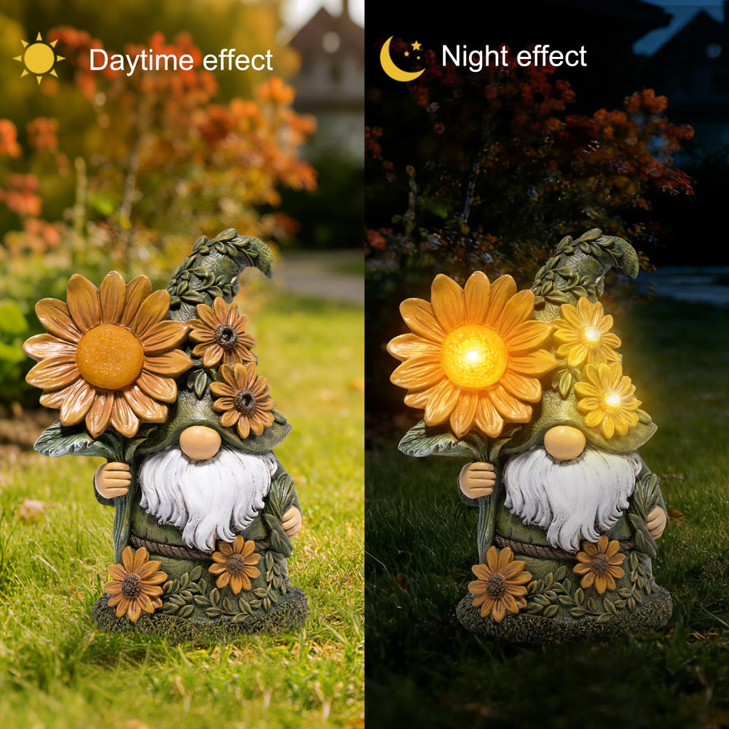 basen Solar Garden Gnome with Glowing Daisy Flower, Outdoor Solar Gnome Figurine for Yard Lawn Patio, Hand-Painted Resin Garden Statue Decor with LED Light for Landscape, Garden Gift for Mom Grandma