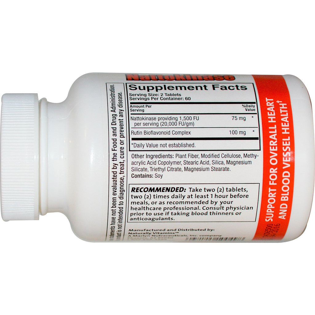Naturally Vitamins Nattokinase Supplement 1500FU, Systemic Enzyme, Supports Healthy Blood Circulation, 120 Tablets