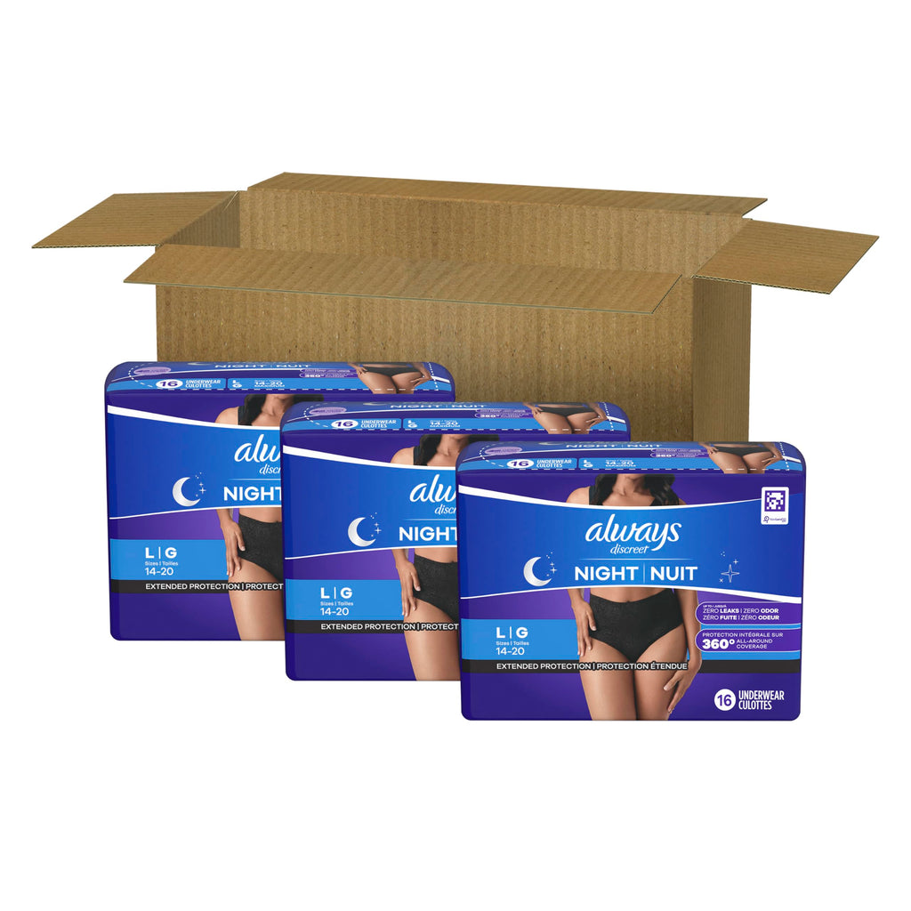 Always Discreet Adult Incontinence Overnight Underwear for Women, Large, Up to 100% Bladder Leak Protection, 48 Count (3 Packs of 16)