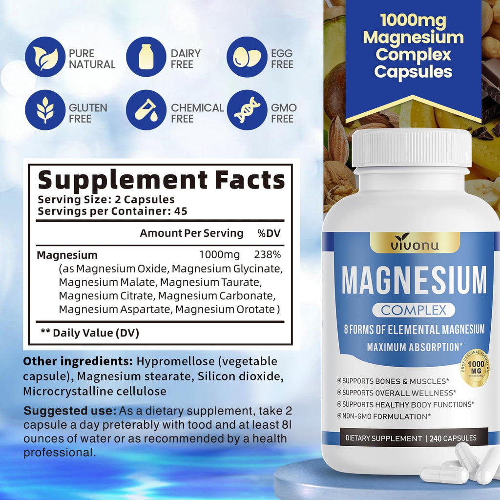 1000mg Magnesium Complex Capsules, 8 Elemental with Magnesium Glycinate, Citrate, Malate, Taurate, Oxide, Carbonate, Aspartate, Orotate for Bones, Muscle, Recovery, Energy, Vegan Non-GMO, 2 Bottle