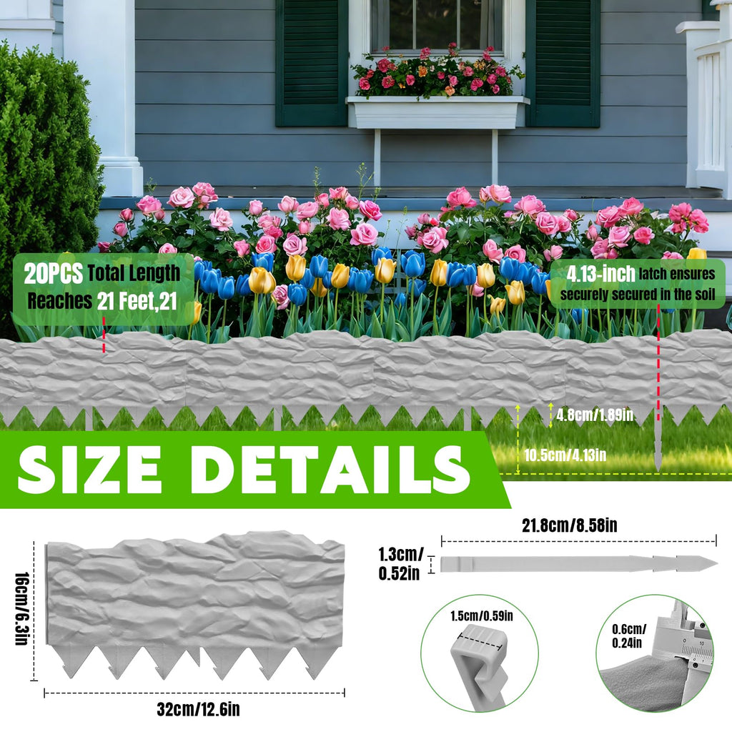 20Pcs Garden Edging Border with 20 Pcs Stakes, 21Ft, Marbled Design