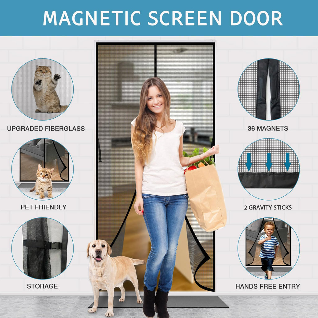 YRH Fiberglass Magnetic Screen Door,Heavy Duty Enhanced Fiberglass Mesh, Self-Sealing Closure with Stay Open Buckles (Fit for Door Size:34x82 Inch,Screen Itself Size:36x84 Inch,Black)