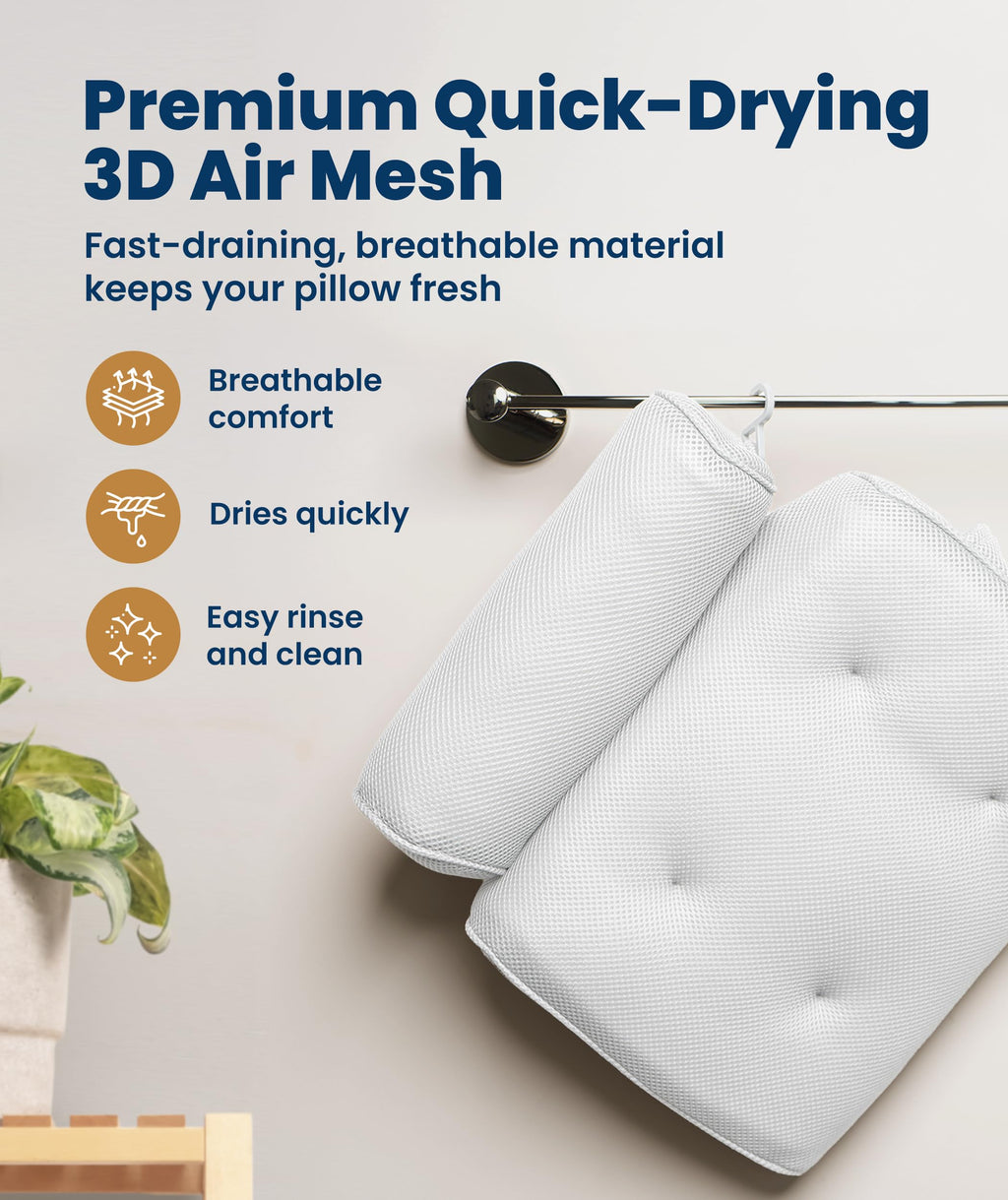 Everlasting Comfort Luxury Bath Pillows for Tub with Head and Neck Support - Non-Slip Bathtub Pillow with Suction Cups, Quick-Drying Mesh & Drying Hook - Jacuzzi & Spa Accessories for Women - White
