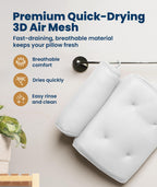 Everlasting Comfort Luxury Bath Pillows for Tub with Head and Neck Support - Non-Slip Bathtub Pillow with Suction Cups, Quick-Drying Mesh & Drying Hook - Jacuzzi & Spa Accessories for Women - White