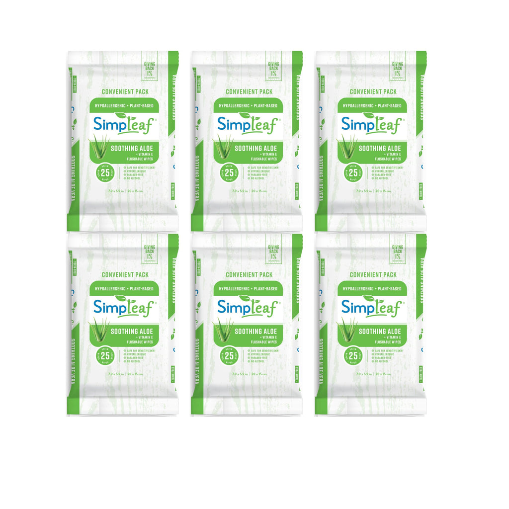 Simpleaf Flushable Wet Wipes Aloe Vera| Eco-Friendly, Paraben & Alcohol Free | Hypoallergenic & Safe for Sensitive Skin | Soothing Aloe Formula | (6 x 25 Counts Convenient Pack) 150 Counts Total