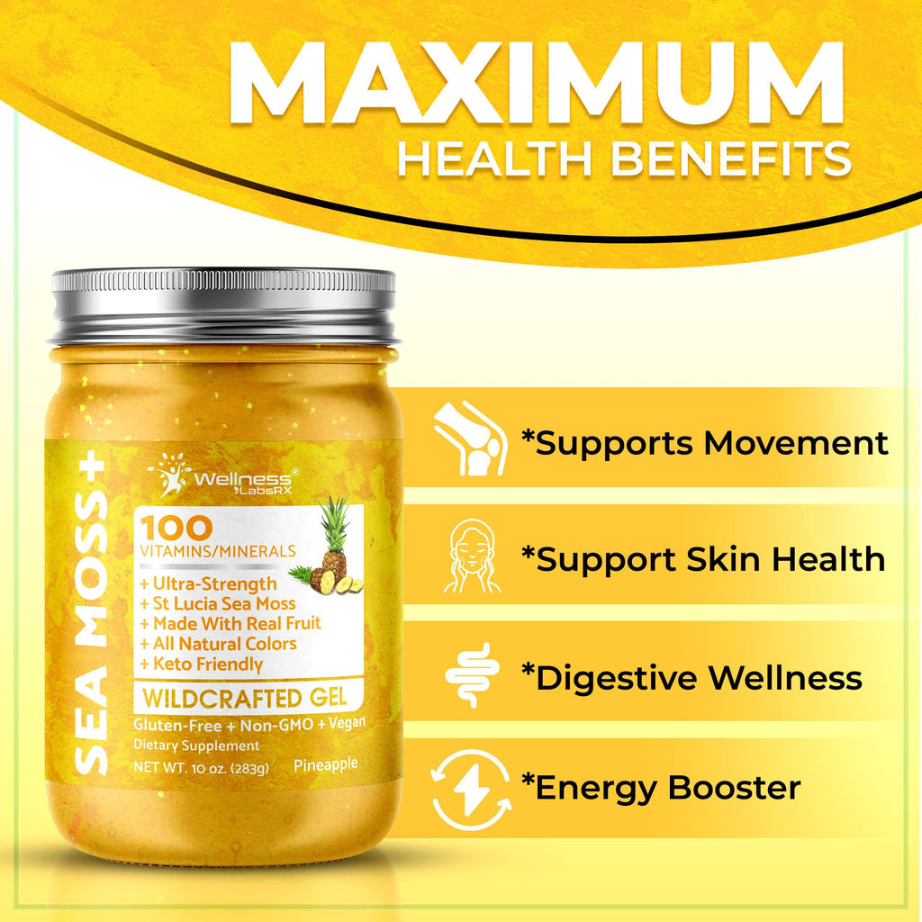 WELLNESS LABSRX Irish Sea Moss Gel Raw - Wildcrafted Superfood Seamoss Gel - Pineapple Flavor, Vitamin and Mineral-Rich from Pristine Caribbean Waters, Immune and Digestive Health Support - 10 oz.