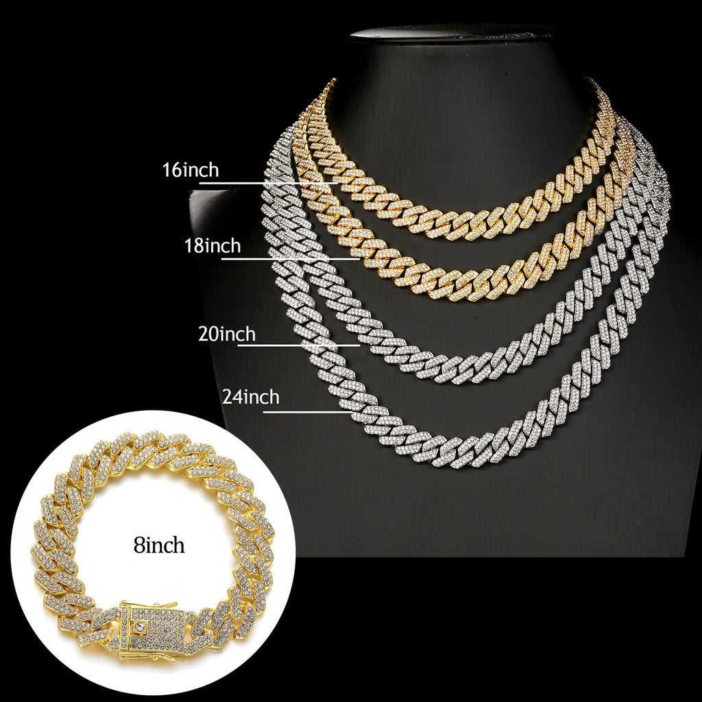 JUNVirtuous 2 Pieces Cuban Link Chain Mens Iced Out Miami Cuban Necklace and Bracelet Silver Bling Diamond Hip Hop Jewelry for Men and Women (Gold, 8" Bracelet and 20" Necklace)