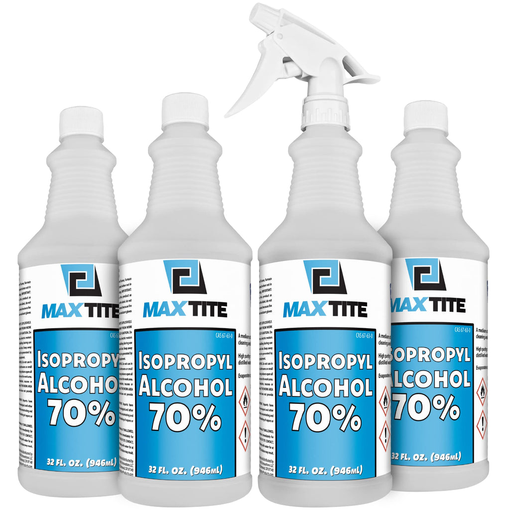 MaxTite 70% Isopropyl Alcohol (1 Gallon (4 Pack, 32 fl oz) - Includes Heavy-Duty Spray Nozzle - Made in USA