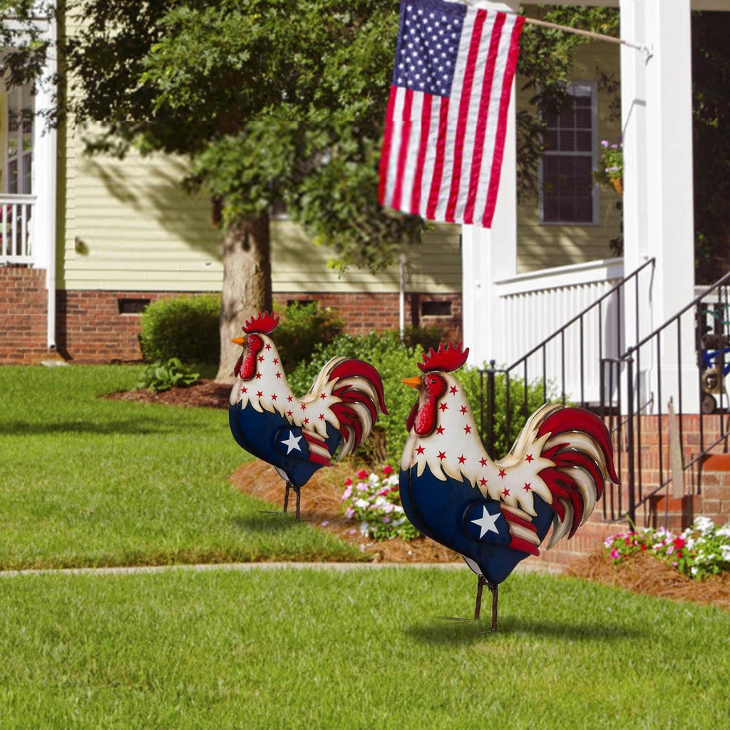 12 Inch American Flag Metal Rooster Yard Decor Outdoor 4th of July Decorations 2D Iron Patriotic Chicken Garden Statues Red White and Blue Art Yard Sign for USA 250th Anniversary Independence Day
