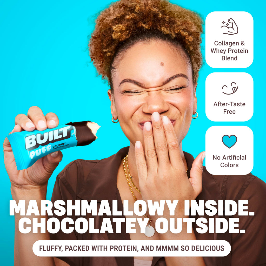 BUILT Puff Protein Bars, Coconut Puff, High Protein Bars, 17g High Protein Snacks, On-The-Go Bars, only 140 Calories, 6g Sugar, Collagen, Gluten Free, 12 Count