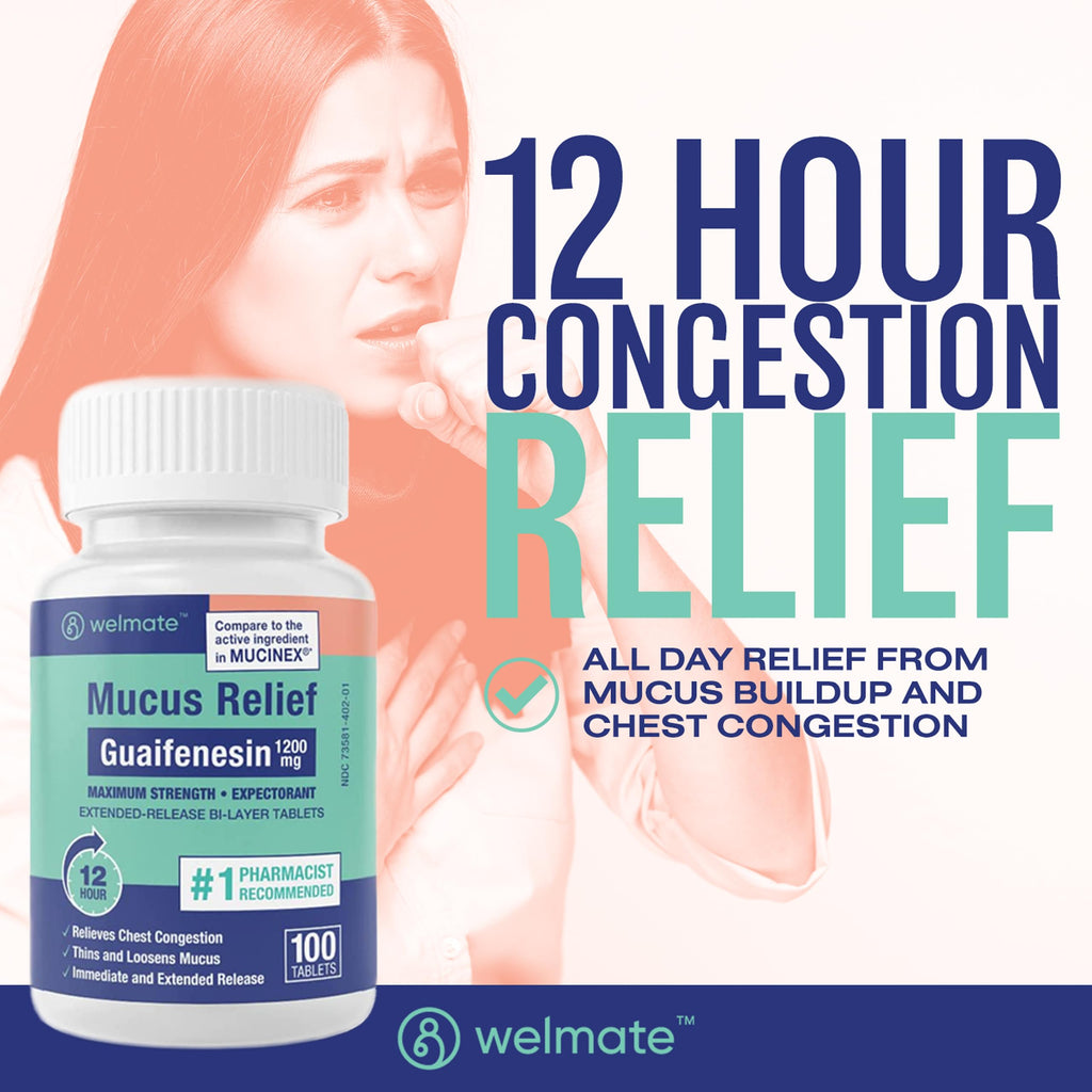 WELMATE - Mucus Relief - Guaifenesin 1200 mg Maximum Strength - Extended-Release Expectorant Tablets - Helps Clear Chest Congestion & Loosen Mucus - 12 Hour Relief - 100 Count