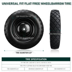 Upgraded 16" Flat Free Wheelbarrow Tire and Wheel, 4.80/4.00-8 Heavy Duty Solid Tire with 5/8" & 3/4" Bearings, 3"-7" Adjustable Hub - Universal for Wheelbarrows, Garden Trailer/Hand Truck - Black