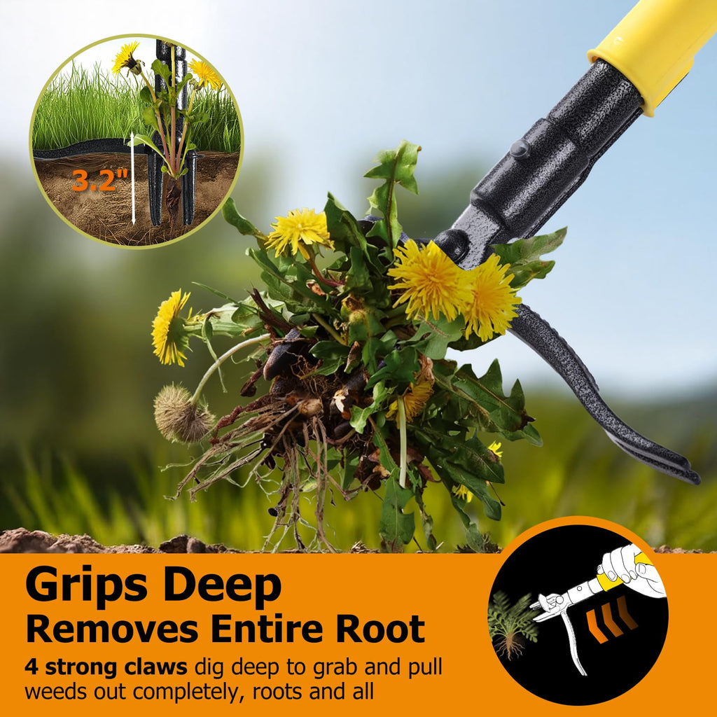 Weed Puller Tool Stand Up with Slide-Release Ejection, Reinforced Steel Weeder with 3-Section Long Handle, No-Touch Cleaning for Lawn & Garden, Heavy Duty No Bend Weeding Tool for Dandelions, Thistles