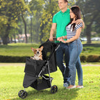 Foldable Pet Stroller for Cats and Dogs 3 Wheels Carrier Strolling Cart with Weather Cover, Storage Basket + Cup Holder (Black)