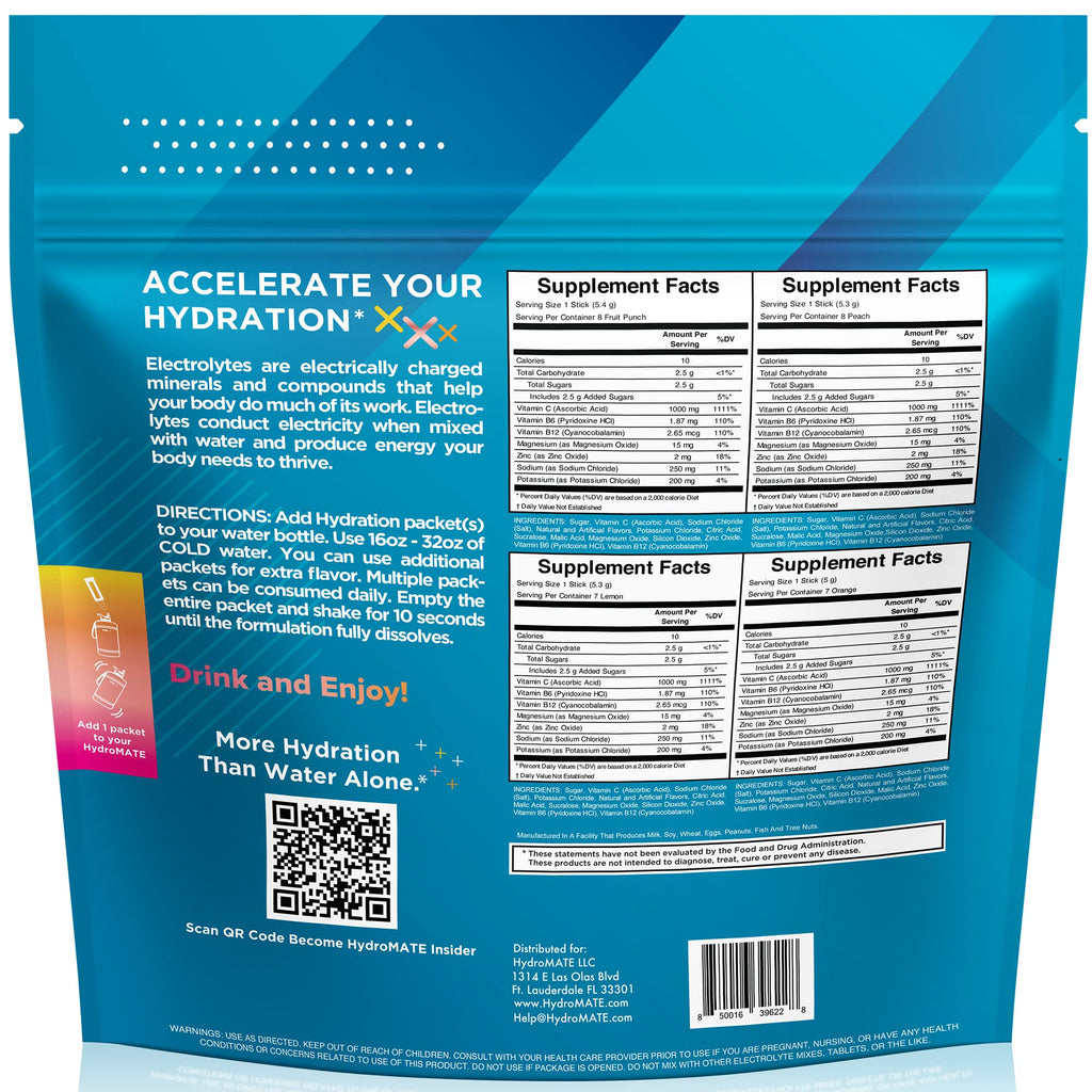 HydroMATE Electrolyte Powder Variety Pack Bulk Hydration Packets Low Sugar 90 Count